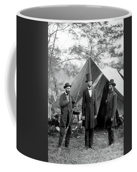 War Coffee Mug featuring the photograph President Abraham Lincoln John McClerand Allan Pinkerton BW by Alexander Gardner