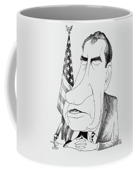 Richard Nixon Coffee Mug featuring the drawing President Richard Nixon Caricature - Edmund Valtman - Circa 1970 by War Is Hell Store