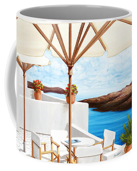 Santorini Coffee Mug featuring the painting RESERVATION FOR FOUR - prints of oil painting by Mary Grden