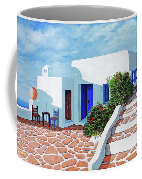 Santorini Coffee Mug featuring the painting SANTORINI MORNING-prints of painting-more by Mary Grden
