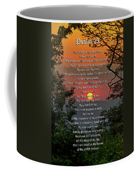 Psalm 23 Coffee Mug featuring the mixed media Psalm 23 Prayer Over Sunset Landscape by Christina Rollo
