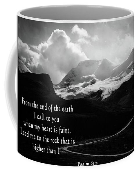 Psalm 61 Mountain Quote Coffee Mug featuring the mixed media Psalm 61 Mountain Quote by Dan Sproul
