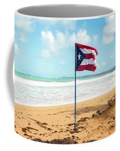 Puerto Coffee Mug featuring the photograph Puerto Rican Flag on the Beach, Pinones, Puerto Rico by Beachtown Views