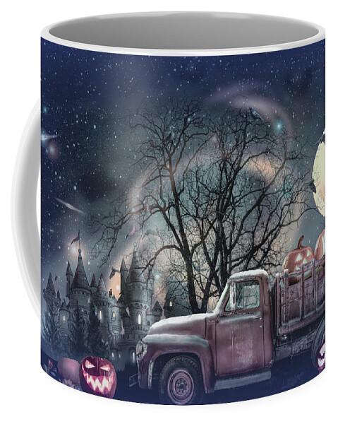 Truck Coffee Mug featuring the photograph Pumpkins under the Halloween Cool Blue Moon by Debra and Dave Vanderlaan