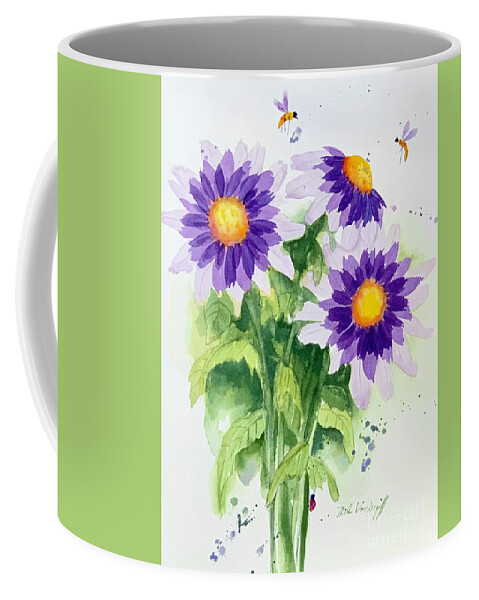 Purple Coffee Mug featuring the painting Purple Daisies and Insects by Hilda Vandergriff