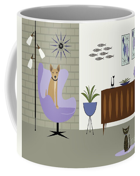 Mid Century Dog Coffee Mug featuring the digital art Purple Egg Chair with Dog and Cat by Donna Mibus