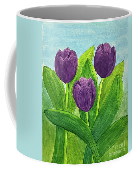 Purple Coffee Mug featuring the mixed media Purple Tulips by Lisa Neuman
