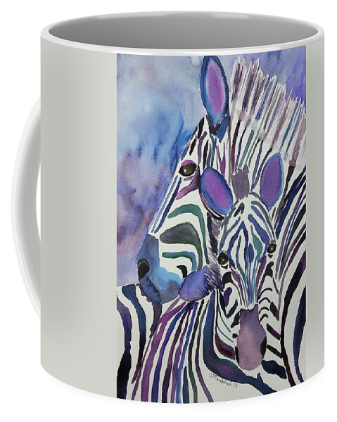 Zebras Coffee Mug featuring the painting Purple Zebras by Ann Frederick