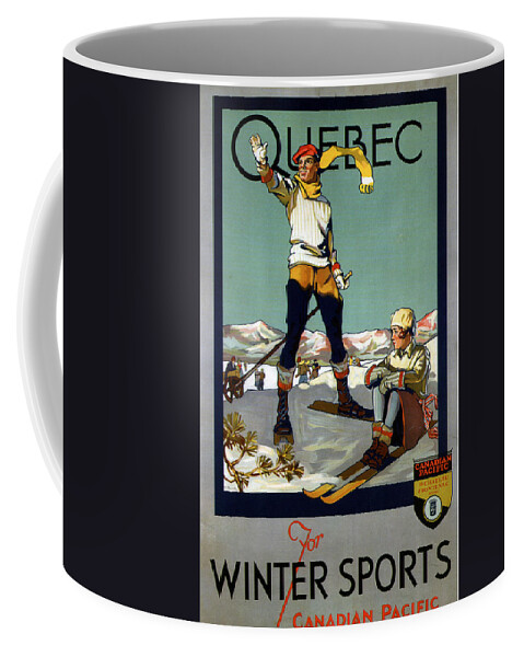 Quebec Coffee Mug featuring the mixed media Quebec for Winter Sports - Canadian Pacific - Retro travel Poster - Vintage Poster by Studio Grafiikka