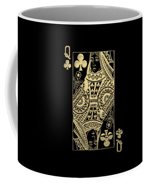 'gamble' Collection By Serge Averbukh Coffee Mug featuring the digital art Queen of Clubs in Gold on Black  by Serge Averbukh