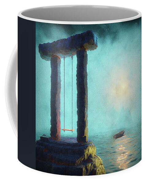 A Surreal Night Scene With A Dolmen-like Swing Towering Over The Ocean Coffee Mug featuring the digital art Quiet fun by Bespoke Cube