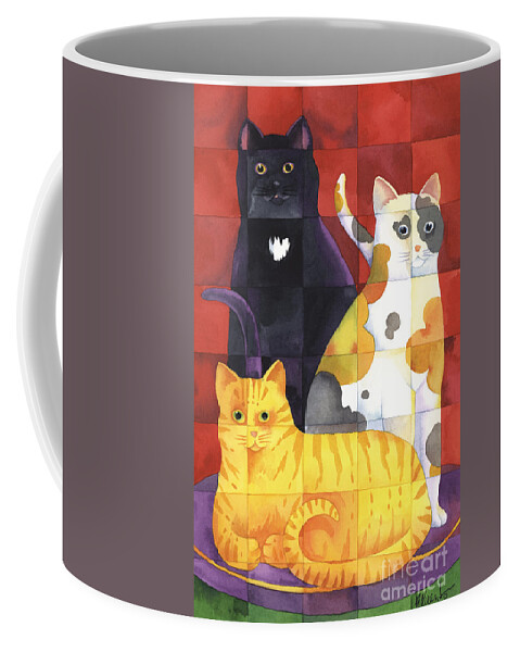 Watercolor Coffee Mug featuring the painting Quilted Kitties by Paul Brent