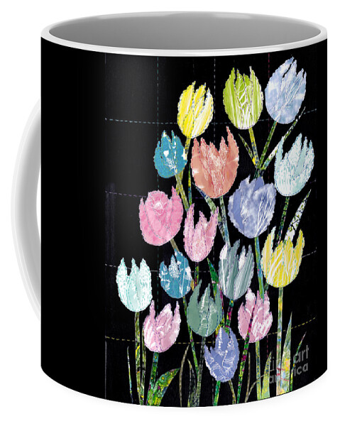 Tulips Coffee Mug featuring the mixed media Quilting My Past Recycling My Dreams Tulip Quilt 2 by Conni Schaftenaar