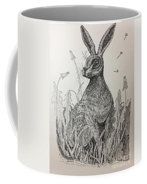 Drawing Coffee Mug featuring the drawing Rabbit in a Field by Thomas Janos