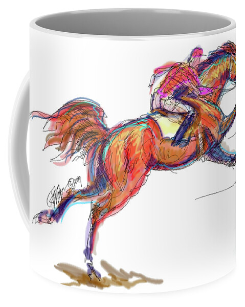 Thoroughbreds; Racehorses; Racing; Horse Race; Jockey; Degas; Contemporary Art; Contemporary Equine Art; Modern Equine Art; Equine Art Cards; Equine Art Gifts; Racehorse Gifts; Race Horse Mugs Coffee Mug featuring the digital art Race Horse for Julie June Stewart by Stacey Mayer
