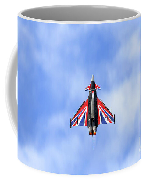 Raf Coffee Mug featuring the photograph RAF Typhoon Eurofighter union jack flying by Simon Bratt