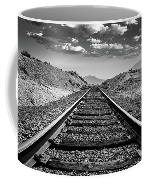 Gold Hill Coffee Mug featuring the photograph Rail to Infinity Black and White by Ron Long Ltd Photography