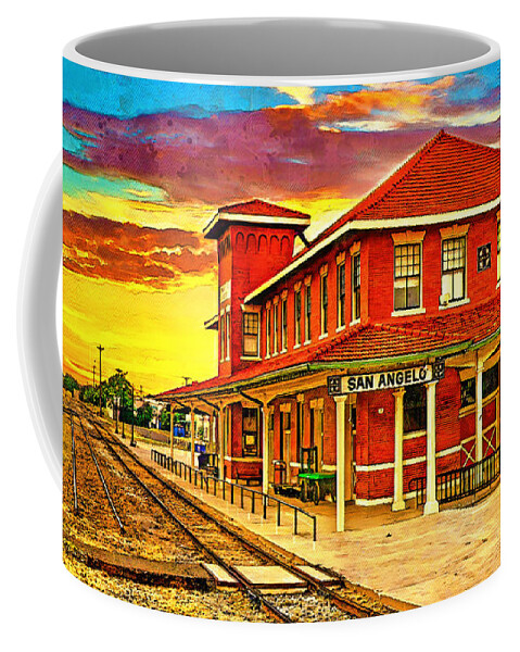 Railway Museum Coffee Mug featuring the digital art Railway Museum of San Angelo, Texas, at sunset - digital painting by Nicko Prints