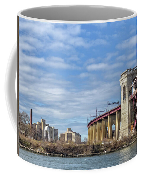 Astoria Park Coffee Mug featuring the photograph Randalls Island and Hell Gate Bridge by Cate Franklyn