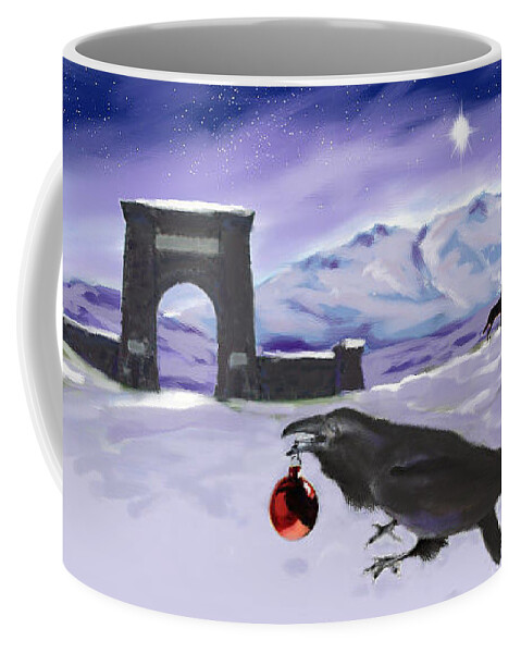 Raven Coffee Mug featuring the digital art Raven and Wolf Christmas by Les Herman