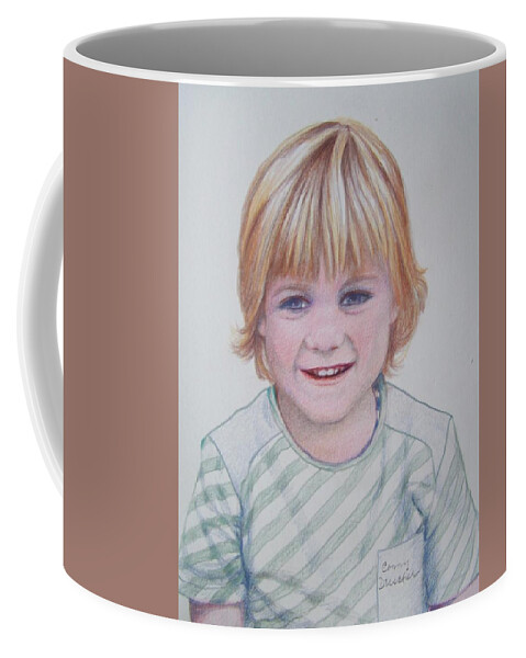 Boy Coffee Mug featuring the drawing Ready for the First School Photo. by Constance DRESCHER