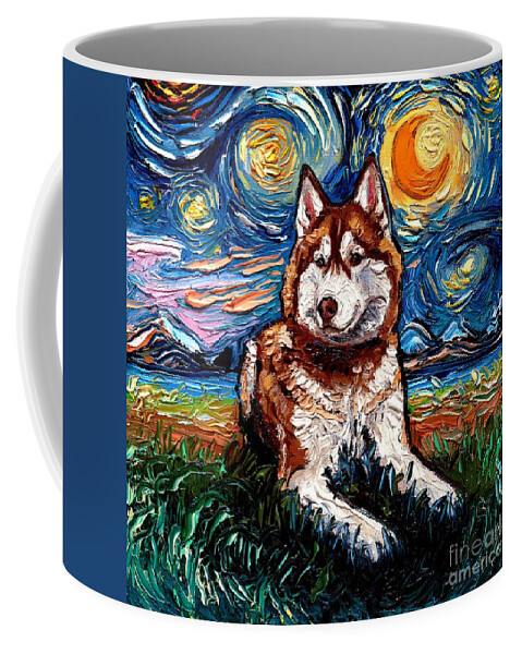 Starry Night Dogs Coffee Mug featuring the painting Red and White Husky Night by Aja Trier