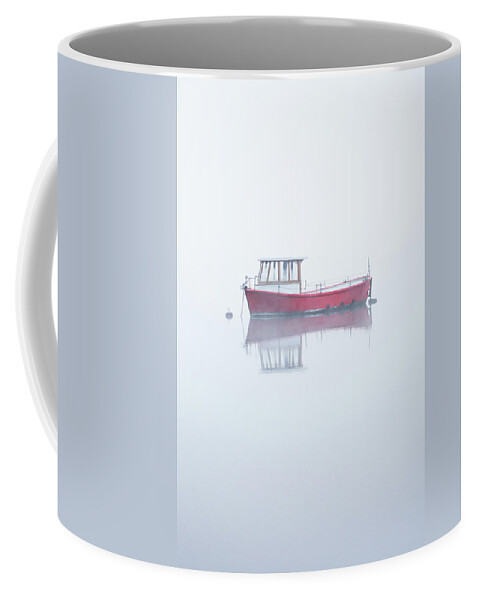 Red Boat Coffee Mug featuring the photograph Red Boat in the Mist, Coniston Water by Anita Nicholson