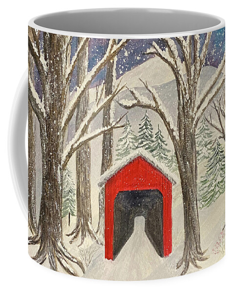 Covered Bridge Coffee Mug featuring the painting Red Bridge in the Snow by Lisa Neuman