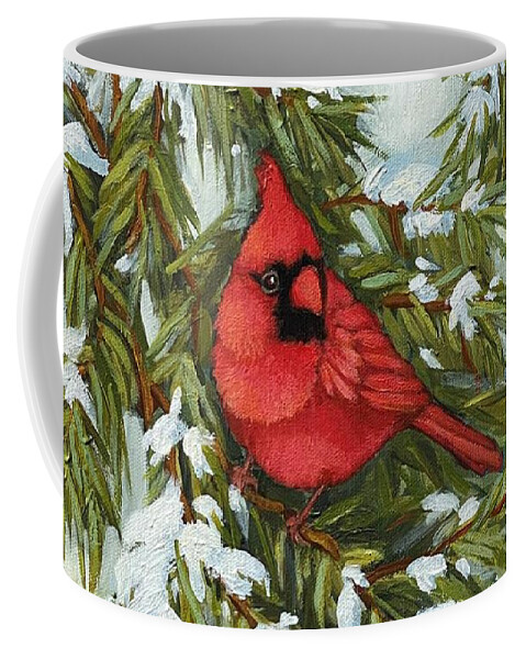 Cardinal Coffee Mug featuring the painting Red cardinal bird on winter spruce branch by Inese Poga
