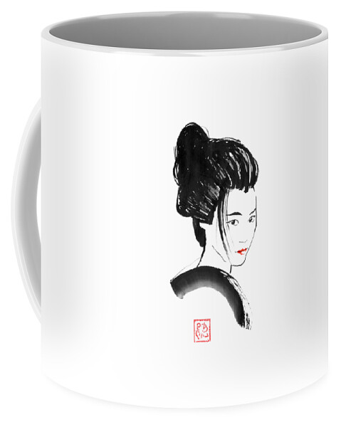 Geisha Coffee Mug featuring the drawing Red Lips Geisha by Pechane Sumie