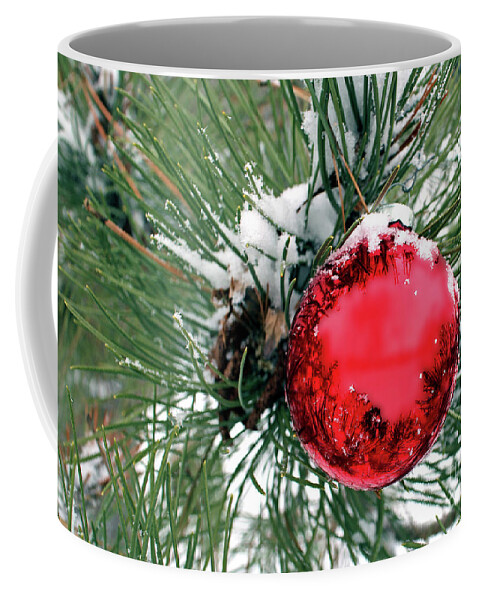 Red Coffee Mug featuring the photograph Red Ornament in Evergreen with Snow by Pete Klinger