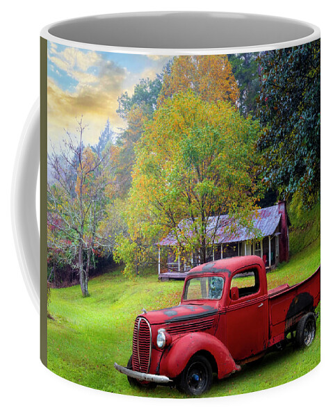 Red Coffee Mug featuring the photograph Red PIckup Truck at the Farm by Debra and Dave Vanderlaan