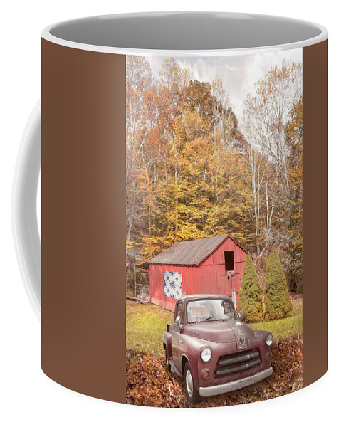 Truck Coffee Mug featuring the photograph Red Quilt Farmhouse Barn and Truck along the Creeper Trail Damas by Debra and Dave Vanderlaan