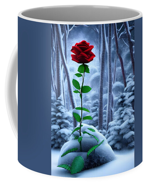 Digital Coffee Mug featuring the digital art Red Rose in the Snow by Beverly Read