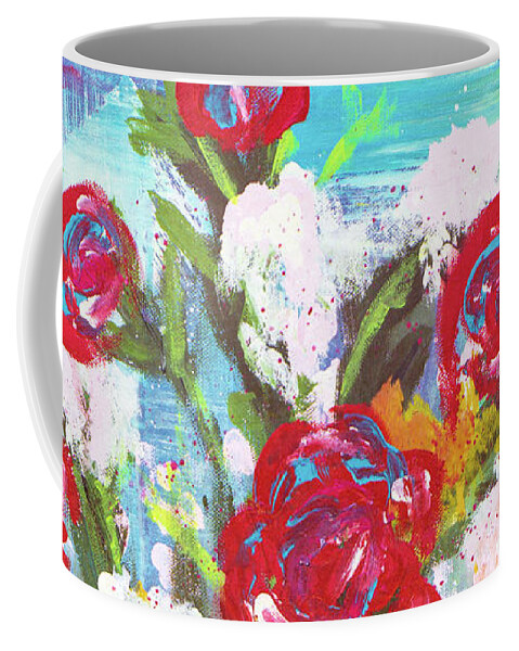 Roses Coffee Mug featuring the painting Red Roses Hydrangea Dripping Boho Floral Bouquet in Vase by Joanne Herrmann