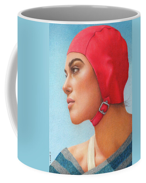 Bathing Cap; Swimming; Summer; Woman In Swim Cap; Retro Bathing Suit Costumes; Beach Coffee Mug featuring the painting Red Swim Cap by Valerie Evans