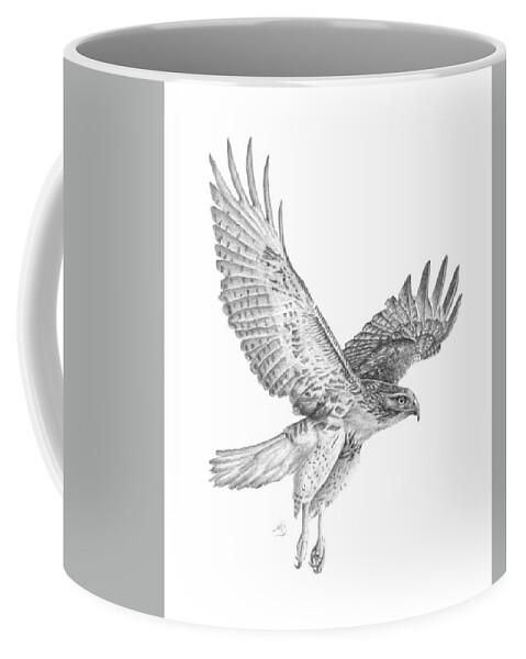 Hawk Coffee Mug featuring the drawing Red Tailed Hawk in Flight by Monica Burnette