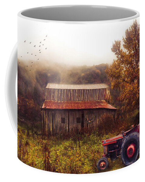 Barns Coffee Mug featuring the photograph Red Tractor in the Mountain Mists Painting by Debra and Dave Vanderlaan