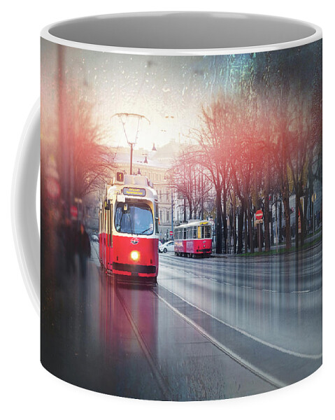 Vienna Coffee Mug featuring the photograph Red Trams of Vienna Austria by Carol Japp