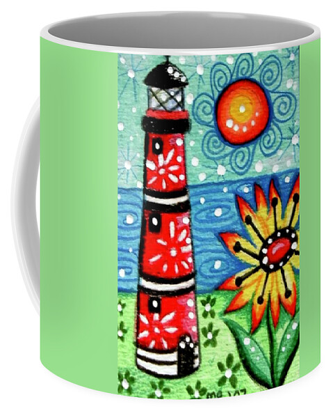 Whimsical Coffee Mug featuring the painting Red Whimsical Lighthouse by Monica Resinger