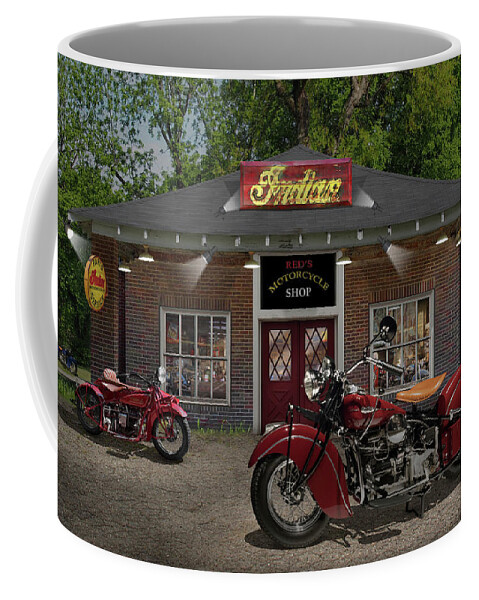 Indian Motorcycles Coffee Mug featuring the photograph Reds Motorcycle Shop C by Mike McGlothlen