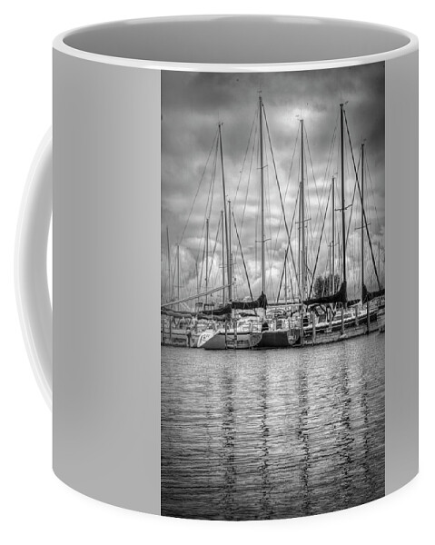 Boats Coffee Mug featuring the photograph Reflections and Boats at the Harbor in Black and White by Debra and Dave Vanderlaan