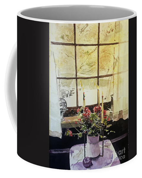 A Flower Arrangement With Lit Candles Sets On A Table By A Curtained Window.. Coffee Mug featuring the painting Reflections by Monte Toon
