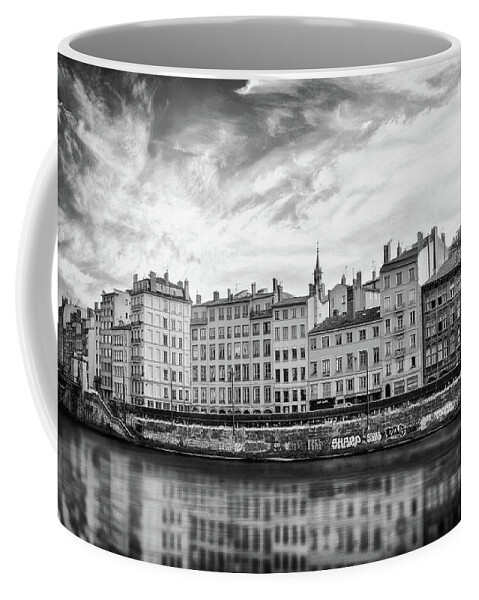 Lyon Coffee Mug featuring the photograph Reflections of The Saone River Lyon France Black and White by Carol Japp
