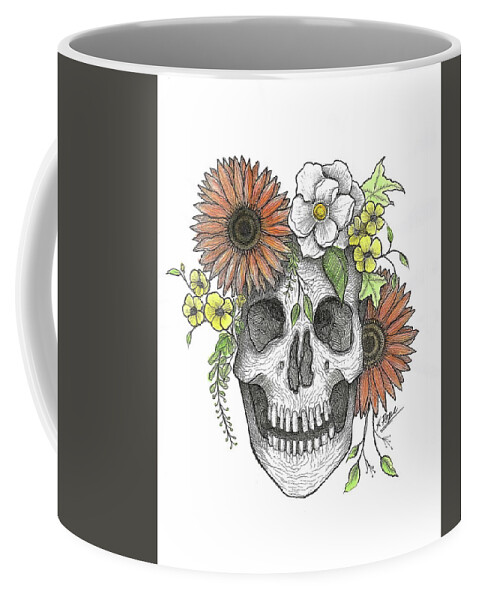 Skull Coffee Mug featuring the painting Regal Blossoms Crowned Skull FALL COLORS by Kenneth Pope