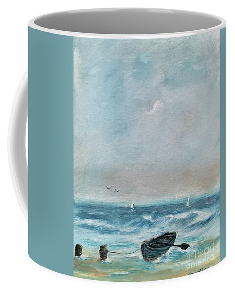Resting Boat Lonely Boat Rest Wooden Boat Oar Moor Wave Ocean Seascape Blue Acrylic Painting Miroslaw Chelchowski Print Seagull Sailing Clouds Sky Ocean Shore Sand Coffee Mug featuring the painting Resting Boat by Miroslaw Chelchowski