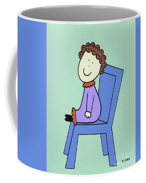 Retro Coffee Mug featuring the painting Retro Doll Sitting on Blue Chair by Donna Mibus
