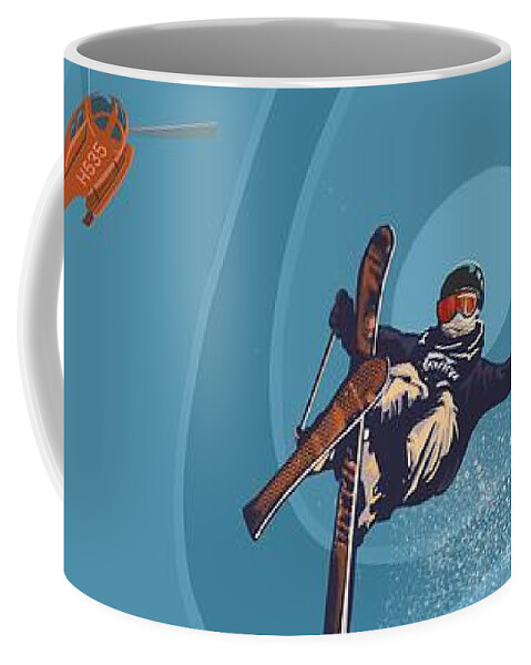 Retro Ski Art Coffee Mug featuring the painting Retro Ski Jumper Heli Ski by Sassan Filsoof