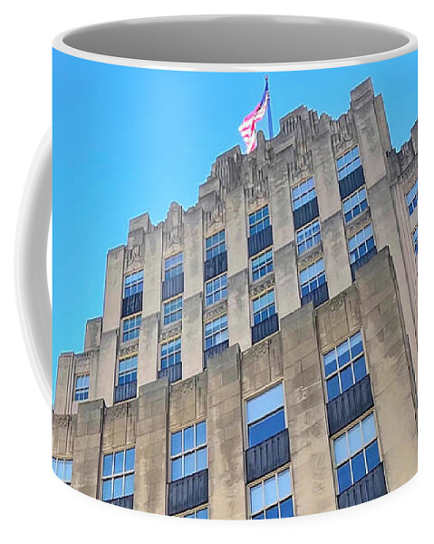 Reynolds Building Coffee Mug featuring the photograph Reynolds Building with Flag Aglow by Lee Darnell
