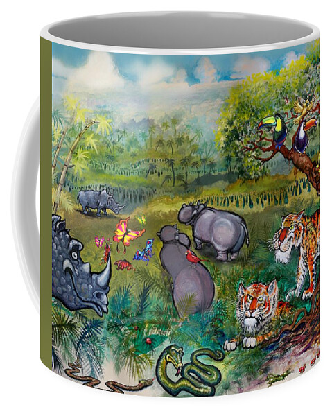 Rhino Coffee Mug featuring the painting Rhinos Hippos Tigers and Snakes by Kevin Middleton
